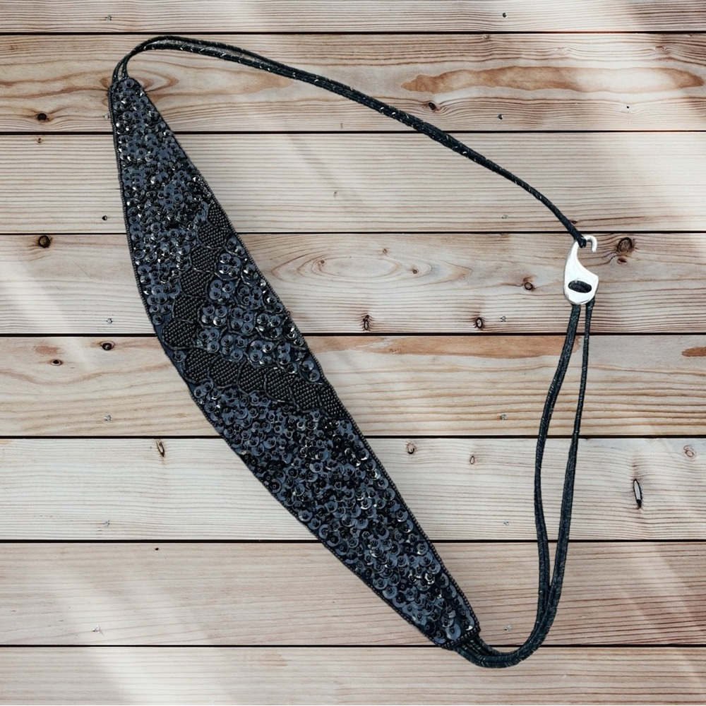 Vintage Black Beaded Sequin Waist Tie Statement Belt